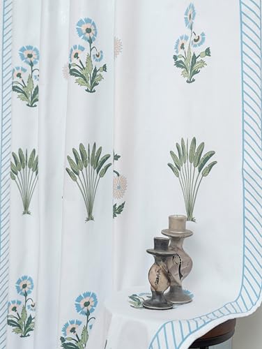 Image of Tranquebar Curtain Co. Window Curtains 5 Feet, 60-65% Room Darkening, Blue Ethnic Curtains Palms Print, Cotton Curtains for Window, Cotton Curtains 5 Feet Long Set of 2, BackTabs, Bagh (152 cm)