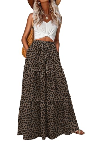 Image of Lepunuo Womens Casual Boho High Waisted Flowy Maxi Skirts Tiered Floral Long Skirts with Pockets for Summer Beach Vacation