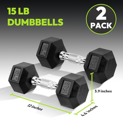 Hex Dumbbell Rubber Encased Dumbbell Strength Training Hex Dumbbell, Hand Weight For Workout & Exercise/Pair of 15LB