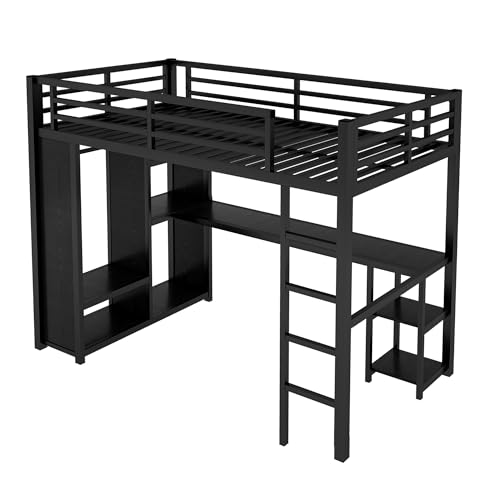 Image of Bellemave Twin XL Loft Bed with Desk, Wardrobe, Metal Twin XL Loft Bed Frame for Adults, Kids, Teens, Black