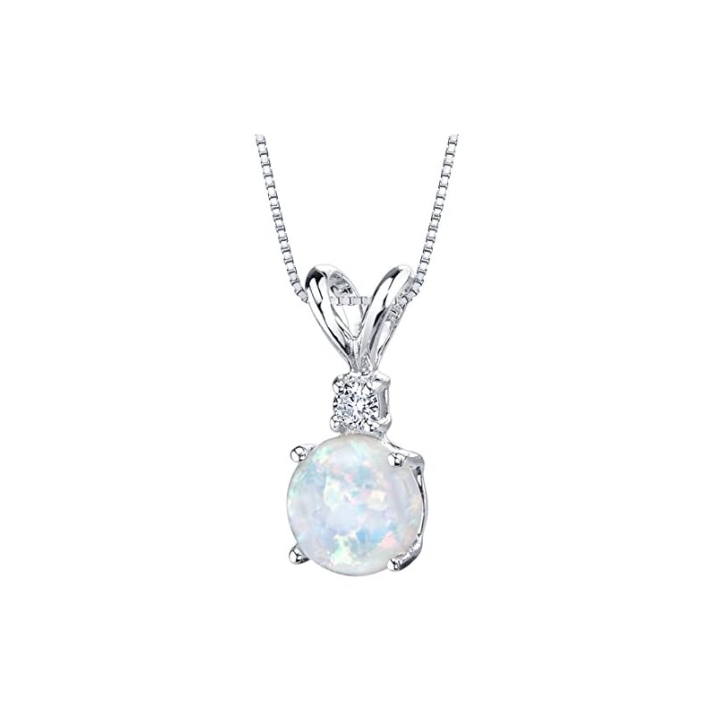 PEORA 14K White Gold Created White Opal with Genuine Diamond Pendant for Women, Elegant Solitaire, AAA Grade Round Shape 6.50mm