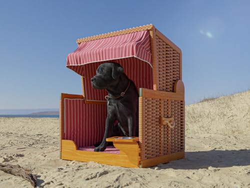Outgarden Hundestrandkorb Kieferholz | Hundehütte inkl. Schützhülle | Schwenkbarer Wasser-/Futternapf | Sonnenschutz für Hunde & Katzen |Braun mit Rot-weißen| Perfekt für kleine Hunde