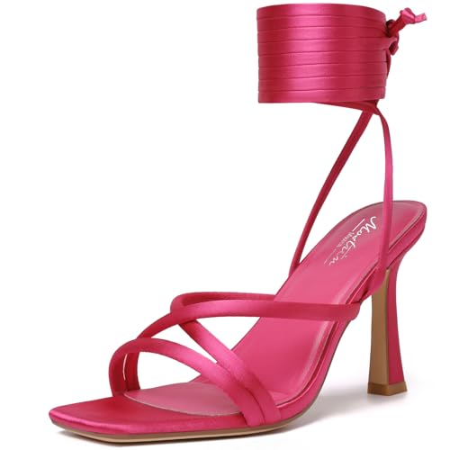 Image of Mostrin Womens Sandals Strappy Heels for Women Lace Up Square Open Toe Heels Tie Up High Heeled Sandals for Prom, Party, Daily Wear