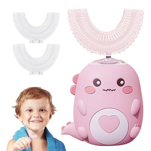 Cepillo de dientes eléctrico para niños U-Shaped, Ultrasónico y diseño dinosaurio con LED, limpieza 360°, IPX7 impermeable, temporizador 60s, 3 cabezas, recarga USB, azul/verde/rosa (rosa 2-6 años)