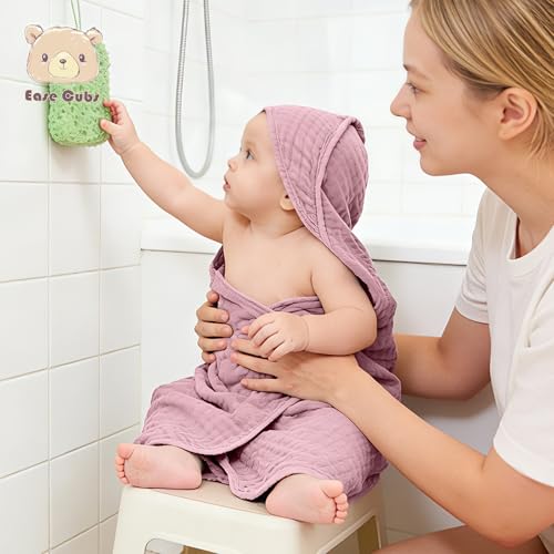 Image of Ease Cubs 3-Pack Muslin Hooded Baby Towels, 100% Cotton, Ultra-Soft & Absorbent Baby Bath Towels with Hood for Babies, Infant, Toddler and Newbron (Pink and Sakura Series,32 inch x 32 inch)
