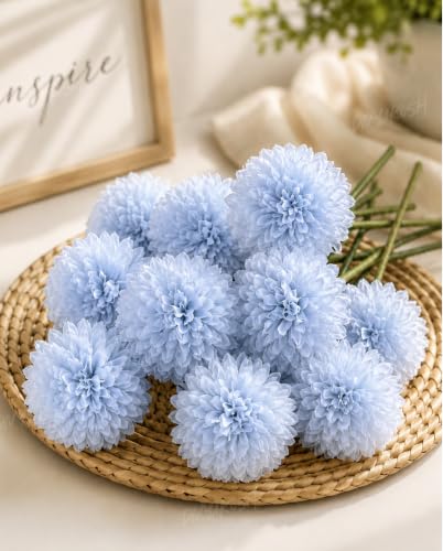Image of Divyakosh Artificial Hydrangea Flower Sticks for Vase (Vase Not Included), Pack of 6, 3.5 Inch (8.9 cm) Large Bloom, Sky Blue Artificial Flowers for Home Decor, Decorative Artificial Dahlia Flowers