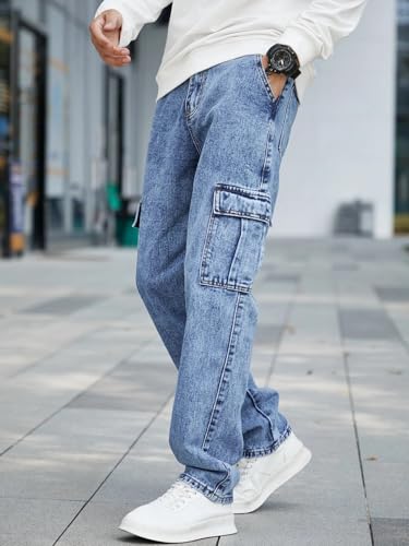 Image of GRECIILOOKS Men's Cargo Jeans Pants - Stylish Relaxed Fit Denim Cargo for Men | Lightweight Summer Casual Streetwear | Multi Pocket Baggy Jeans for Travel, Everyday Wear & Outdoor