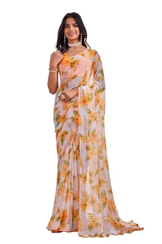 Women's Chiffon Floral Printed, Lightweight And Plain Border Sare...