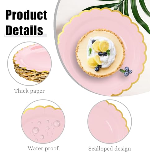 Image of HEIPINIUYE 50 Pieces Light Pink Paper Plates with Gold Foil 7 Inch Disposable Pink Scalloped Dinner Plates for Wedding Baby Shower Birthday Party Dessert Plate