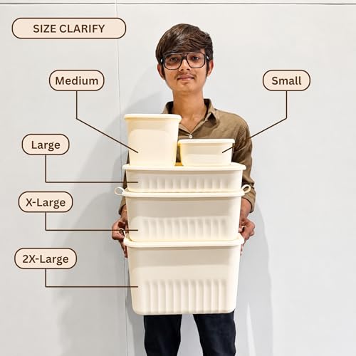 Image of HoopVool Multi Purpose Plastic Storage Bins Stackable Organizer Boxes with Lids, Stackable Crates for Home & Kitchen, items like books, clothes, snacks, toys. (All Size Combo, All Size)