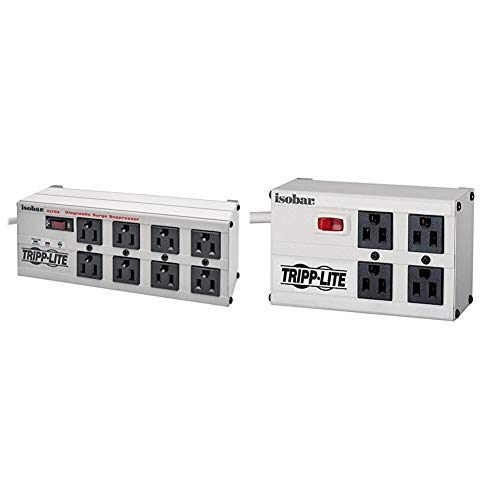 Tripp Lite Isobar 8 Outlet Surge Protector Power Strip, 12ft Cord, Right-Angle Plug & Isobar 4 Outlet Surge Protector Power Strip, 6ft. Cord, Right Angle Plug, 3330 Joules, Metal,Gray