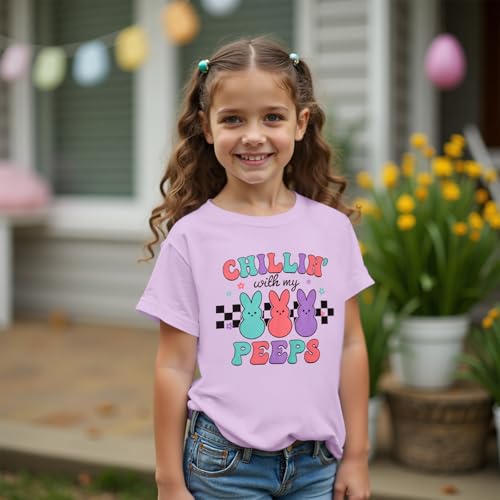 Image of CM C&M WODRO Kid Girl Funny Easter Bunny T Shirt Chillin' with My Peeps Letter Printed Shirt Short Sleeve Tee Tops