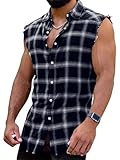 FITMENS Mens Sleeveless Plaid Shirt Casual Button Down Flannel Shirts Cowboy Vest Shirts (Navy Blue,L)