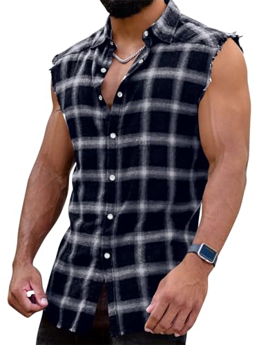 FITMENS Mens Sleeveless Plaid Shirt Casual Button Down Flannel Shirts Cowboy Vest Shirts (Navy Blue,L)