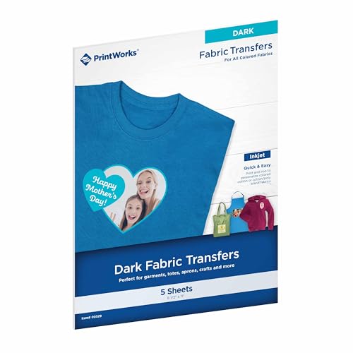 PrintWorks Printable Iron on Heat Transfer Paper for Dark Fabrics & T-Shirts, 8.5” x 11”, 5 Sheets, Easily DIY, Made in the USA