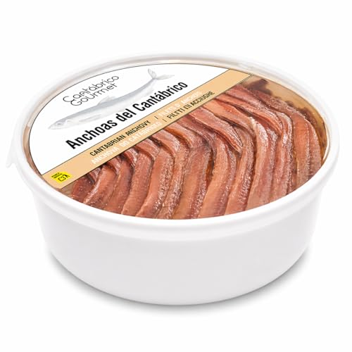 CANTABRICO GOURMET® Anchoas de Santoña | Anchoas del Cantábrico en Aceite | 100/130 Filetes Artesanales Premium | Anchoa de Pintxo (760gr) en pandereta | Sabor Intenso Ligero en Sal