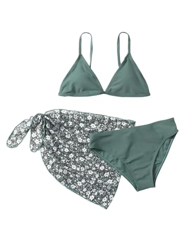 SHENHE Girl's 3 Piece Swimsuit Cute Spaghetti Strap Triangle Bikini with Ditsy Floral Print Cover Up Kid Bathing Suit