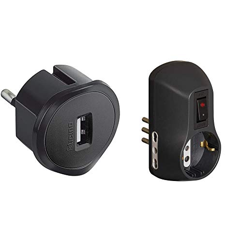Bticino S3625Gu Adattatore Con Presa Usb Per Tutti Gli Standard Di Prese, 1.5A, 250 V, Nero & S3610Gb Kit Adattatore Safe 1 Presa Standard Tedesca E 2 Prese 10A Con Interruttore Di Sicurezza Luminoso