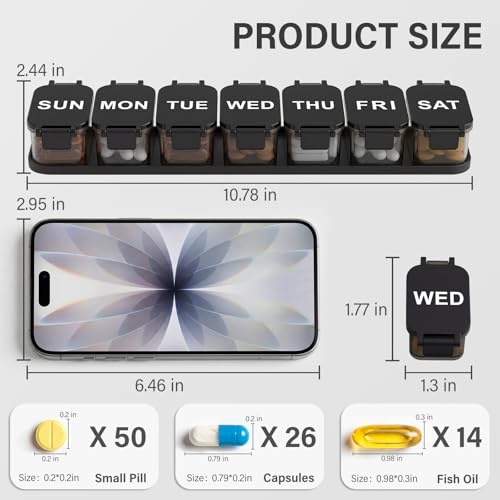 Image of Yaklim Extra Large Weekly Pill Organizer - Waterproof 7-Day Pill Box, Portable Vitamin & Supplement Case, Easy to Open Design, Ideal for Travel and Daily Medication Management (Black)