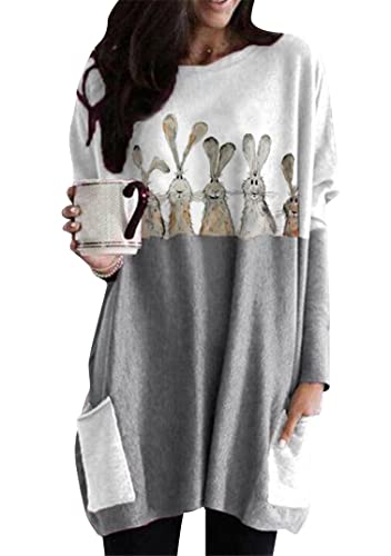 EFOFEI Femme Robe Chemise Imprimée à Manches Longues Chemise à Manches Longues De Pâques Chemise à Pullover Imprimé Lapin Mignon Gris XL Cover