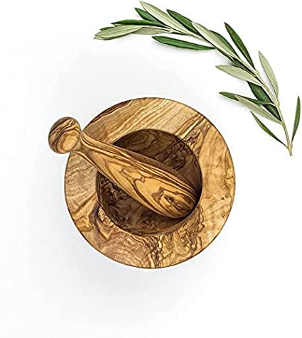 DARIDO Ensemble Mortier Pilon Bois d'Olivier Naturel 14 x 8 cm Plat - Pilon Mortier en Bois - Mortier Africain - Fait à la Main - 14x8 Pilon Bois Olivier - Bol Olivier - Les Essentiels de Cuisine Cover