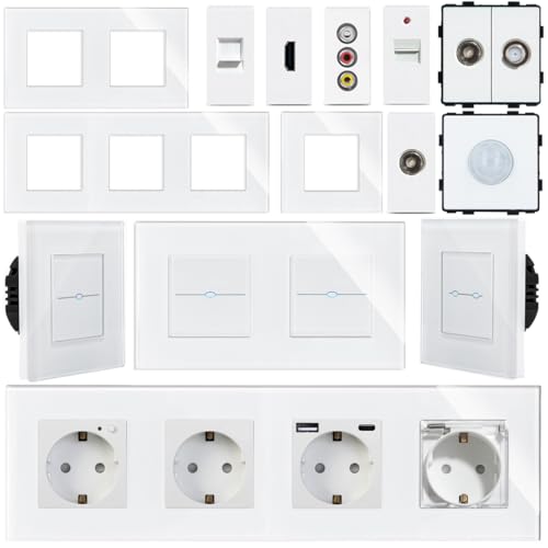 Enchufe Wi-Fi e interruptor táctil de la luz regulable | LED iluminado | compatible con SmartHome | Alexa/Google Home | marco de cristal | Luxus Time (enchufe LAN)