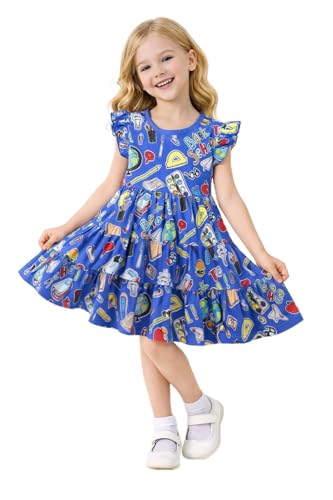Image of HILEELANG Girls Cotton Tiered Dress Flutter Ruffle Sleeve Summer Swing Sundress Birthday Party Casual Outfit Colorblock 2-12Y