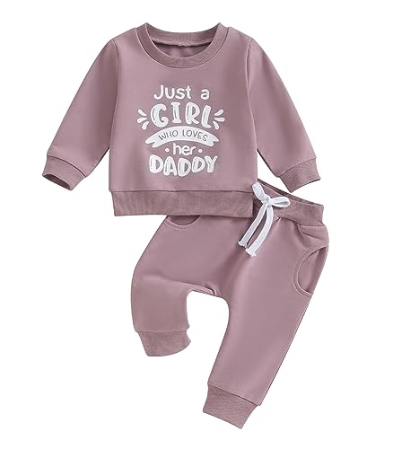Image of Baby Girl Clothes Daddy Mama Saying Outfits Long Sleeve Fall Winter Infant Toddler Sweatshirt Top Pants Set (Purple-Girl Love Daddy, 0-6 Months)