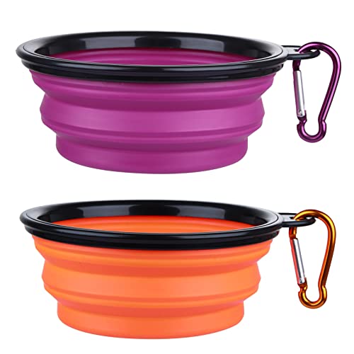 Image of Collapsible Dog Bowl, 2 Pack Collapsible Dog Water Bowls for Cats Dogs, Portable Pet Feeding Watering Dish for Walking Parking Traveling with 2 Carabiners (Small, Orange+Purple)