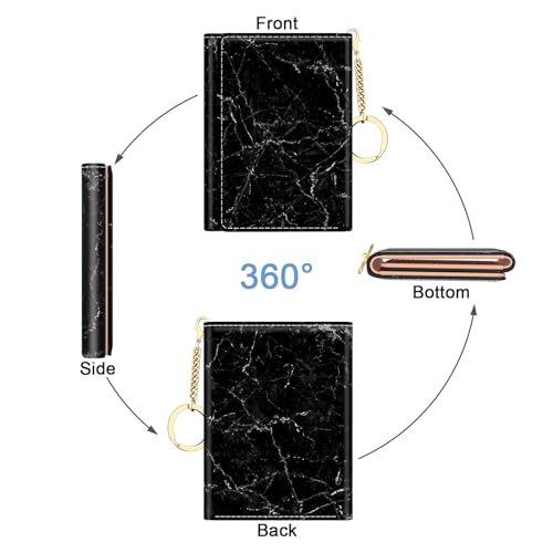 Image of Rouidr Womens Wallet, Small Slim RFID Card Wallets for Women, Cute Front Pocket Trifold Leather Card Organizer with 7 Slots & ID Window, Black Marble