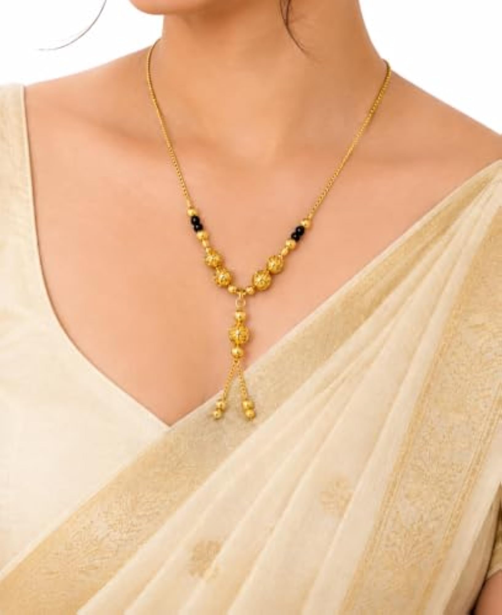 Women's Long Mangalsutra with Black Beads and Gold Tone Chain