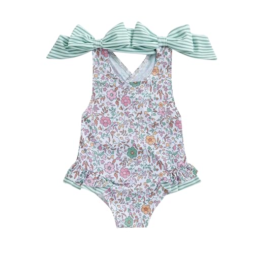 Image of Toddler Kids Girl One Piece Swimsuit Floral Sleeveless Backless Swimwear Bowknot Ruffled Bathing Suit Beachwear