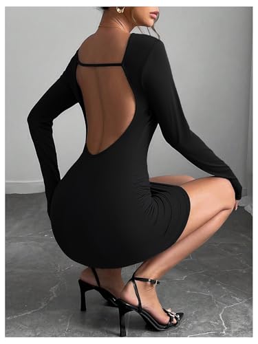 MakeMeChic Women's Open Back Long Sleeve Backless Round Neck Slim Fit Bodycon Mini Dress2