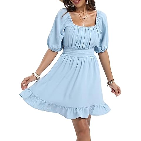 Fuinloth Womens Summer Sun Dresses Tied Back Puff Sleeve Square Neck Casual A-line Dress Light Blue Size Large Cover