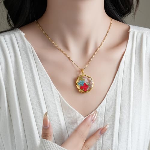 Birth Flower Necklaces for Women,September Month Hydrangea Pressed Flower Necklace,Boho-Style Personalized Jewelry,Handmade Floral Pendant,Thoughtful Gift for Christmas,Birthday|18"(Gold)3