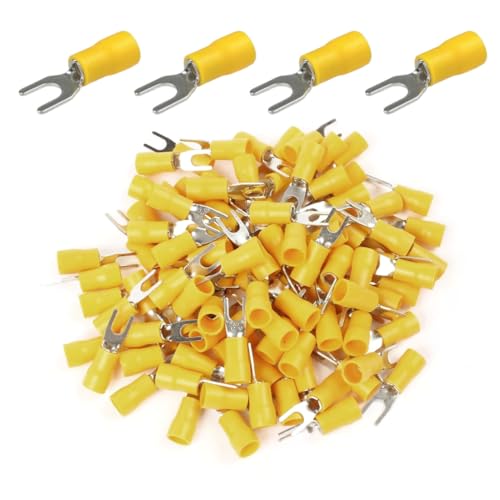 ANGSTROM #6 Bolt Fork Spade Terminals, Insulated Electrical Crimp Connectors 100pcs (12-10ga Yellow) by ANGSTROM - Used condition - US$8.27