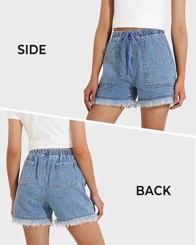 Image of BOOPH Girls Jean Shorts Denim Elastic Waist Drawstring Short for Teen Girl