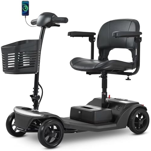 TUPOSTAR Scooter De Movilidad para Adultos Mayores, AutonomíA De 32 Km, Dispositivo EléCtrico Recargable De 4 Ruedas para Viajes, Scooters Motorizados Ligeros Y PortáTiles,Negro