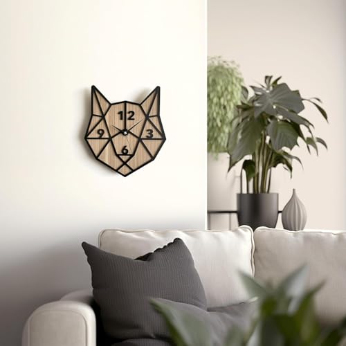 Image of cozyloom Geometric Animal Wall Clock Modern Wooden Fox Shape Analog Wall Clock for Living Room Bedroom Office Home Wall Decor Decorative Round Design (Wood & Black Frame)