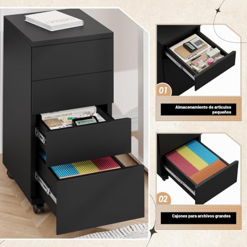 Miniatura 3 de Hocsok Cajonera De Oficina, Mueble Auxiliar Móvil Debjo De La Mesa, Soporte De Impresora Con 4 Cajones Y 4 Ruedas Universales, Madera, Negro