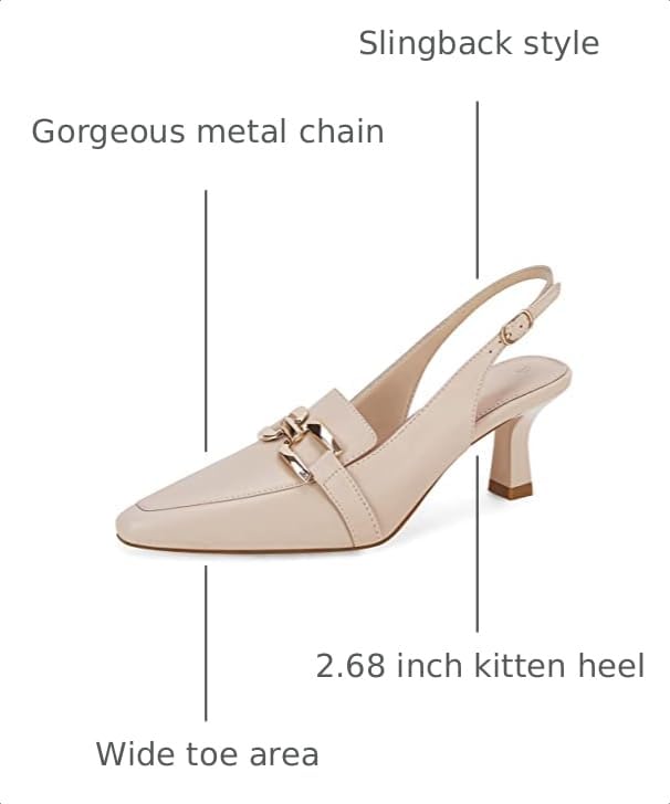 Image of Fashare Womens Slingback Heels Kitten Low Dress Shoes Closed Toe Metal Chain Elegant Work Pumps
