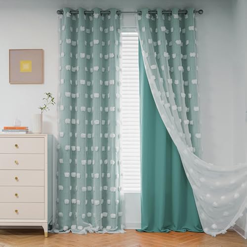 Image of MYSKY HOME 90 Inches Long Teal Curtains for Living Room Nursery Curtains for Bedroom Double Layer Curtains White Pom Pom Sheer Curtains for Dining Room Grommet Room Darkening Window Panels W52 X L90