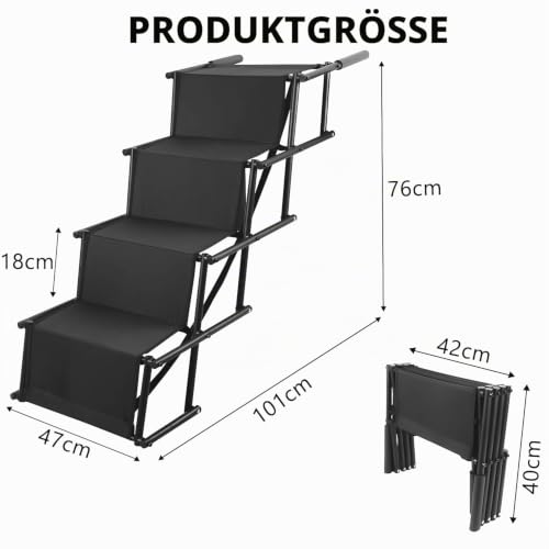 Hundetreppe –Extra Breit 4 Stufen Hunderampe Klappbar, für Große und Kleine Hunde, Stufen für Haustiere,Einstiegshilfe Hund Auto,Bis 80 KG Belastbar, Für alle Fahrzeuge Nutzbar