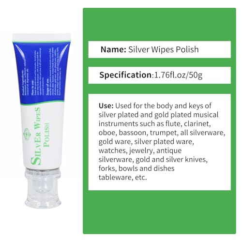 Silver Wipe Polish Cleaner Removes Surface Oxidation Tarnish from Sterling Silver, Silver and Gold Jewellery and the Keys of Instruments for Flutes, Clarinets, Oboes, Bassoons, Trumpets,Silverware