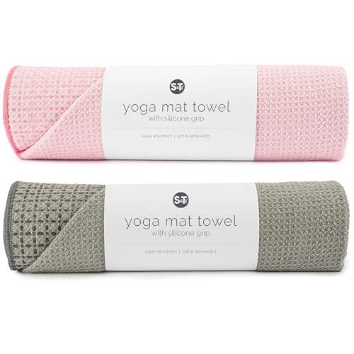 S&T INC. Yoga Mat Towel with Non-Slip Grip, Enhanced Silicone Grip, Soft and Absorbent for Gym, Pilates, and Hot Yoga Mat, 2 Pack, 24 inches x 72 inches, 340GSM, Pink and Grey
