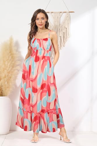Image of GRACE KARIN Summer Dresses for Women 2026 Vacation,Smocked Floral Maxi Dress,Boho Beach Sundress with Pocket Fashion Clothing