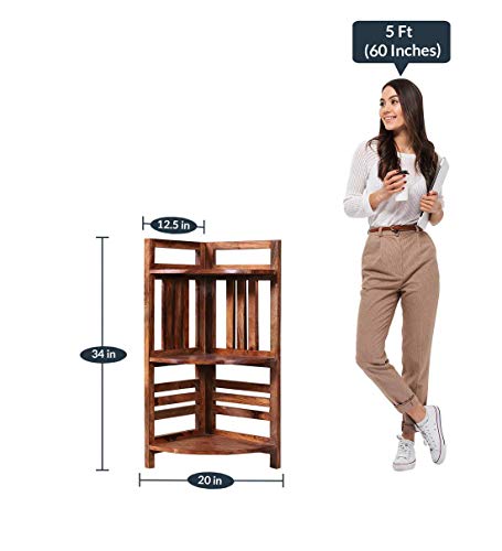 Image of Corner Display Shelf Storage | Wooden Storage Rack & Display Organizer | Solid Sheesham Wood Open Shelf for Living Room, Bedroom, Home & Office