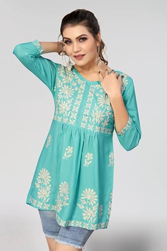 Image of Winza Designer Rayon Chikankari Embroidered Short Kurti | Plus Size Kurta Tunic Top