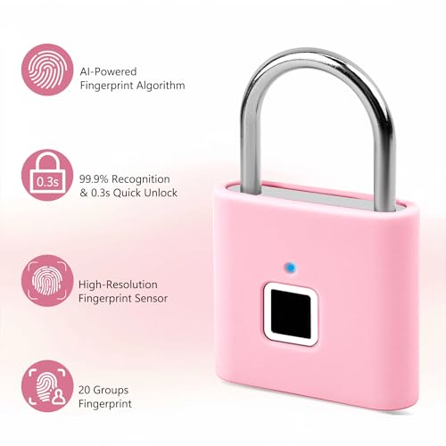 UMIKSMART Smart Fingerprint Lock, Combination Keyless Padlock with USB Charging, Waterproof for Bike, School Locker, Gym, Luggage, Storage, Sweet Pink Set3