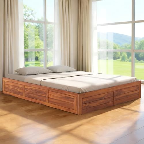Image of Amazon Brand - Solimo Solid Sheesham Wood King Size Bed with Box Storage | Wooden Double Bed Cot Without Headboard | Storage Bed Frame for Bedroom Furniture (Natural Finish)